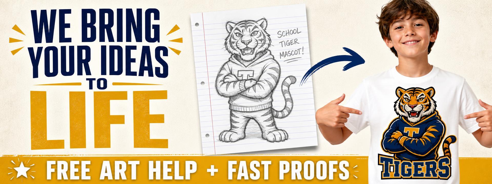 We bring your ideas to life — sketch turned into a printed tiger tee